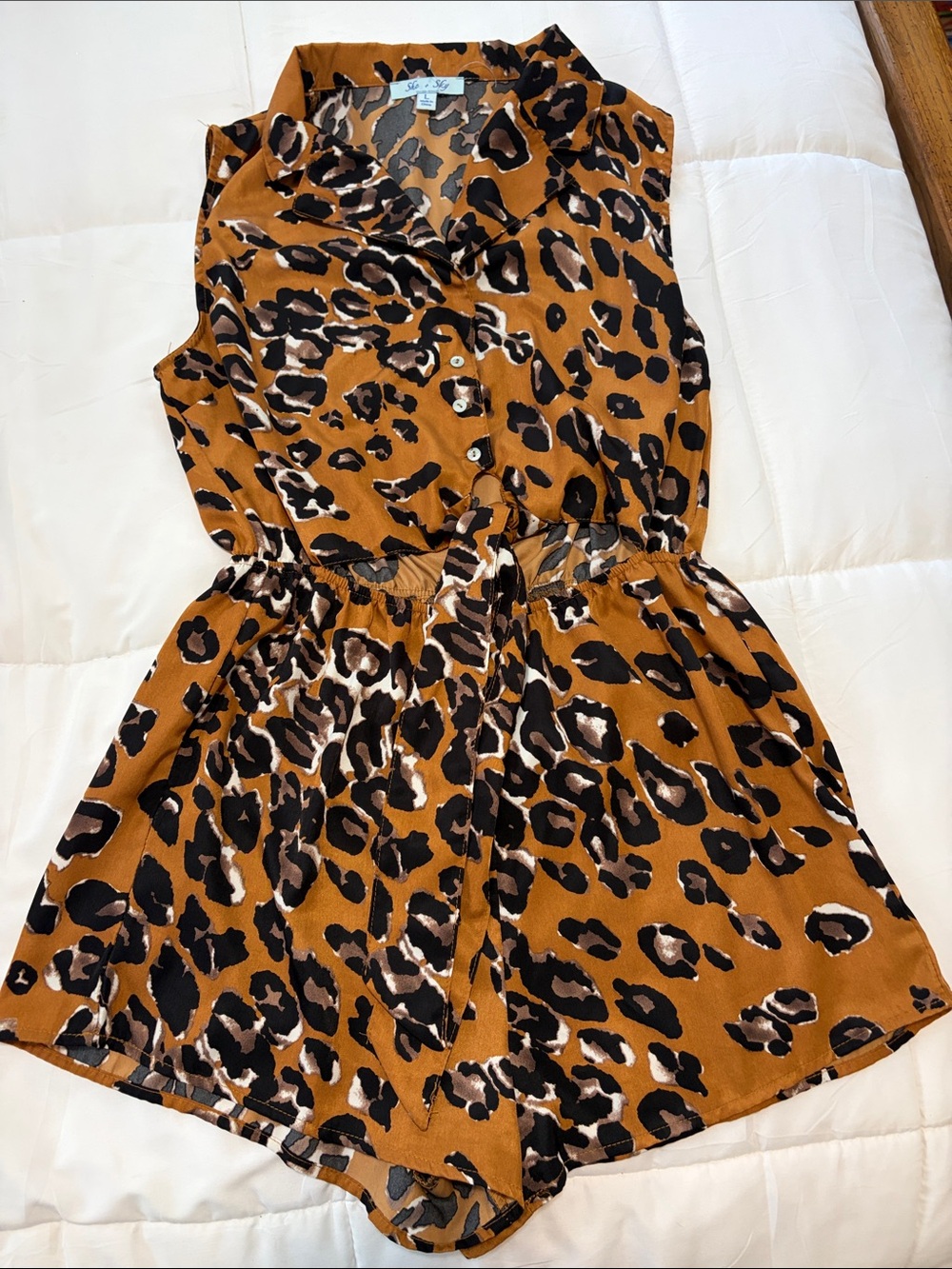 She + Sky Rust Brown Leopard Print Romper